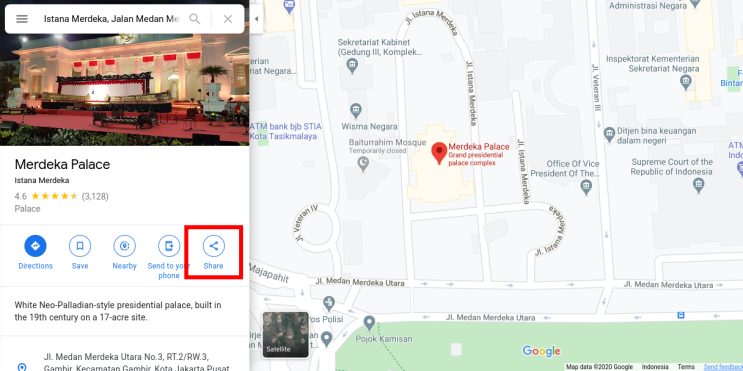 Tampilan Google Maps dengan tombol Share
