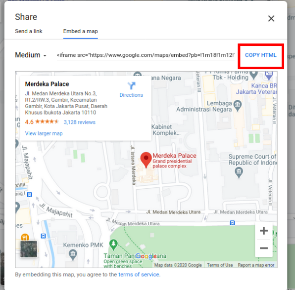 Tampilan embed code Google Maps